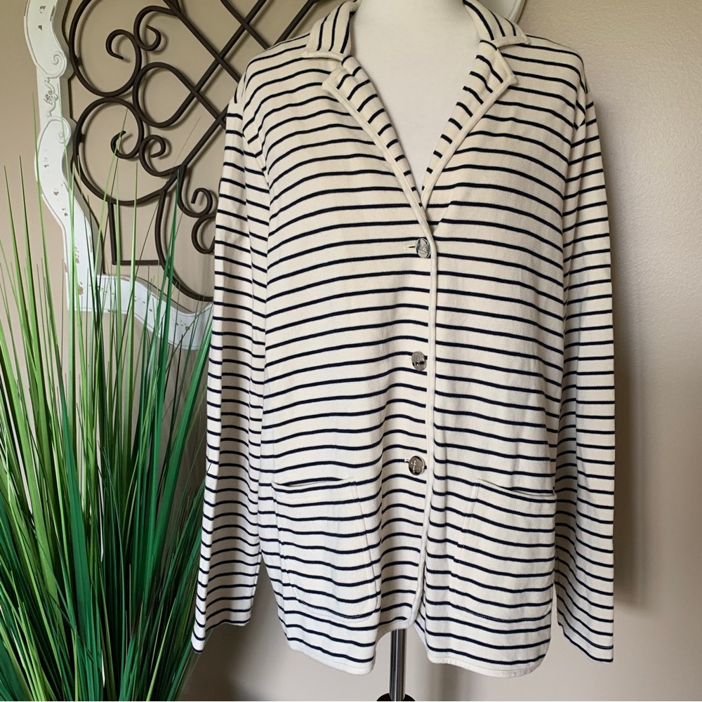 CHAPS Size XXL Button Up Cream and Navy Cardigan Button Up Blazer